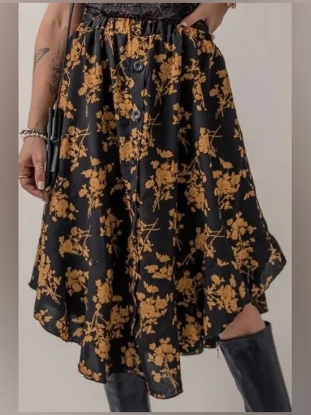 Black Floral A-Line Midi Skirt with Orange Print Size S